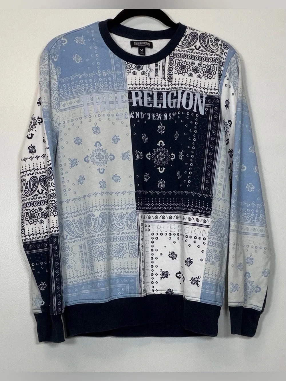 True Religion Men's Blue Patchwork Bandana Crewneck Sweatshirt